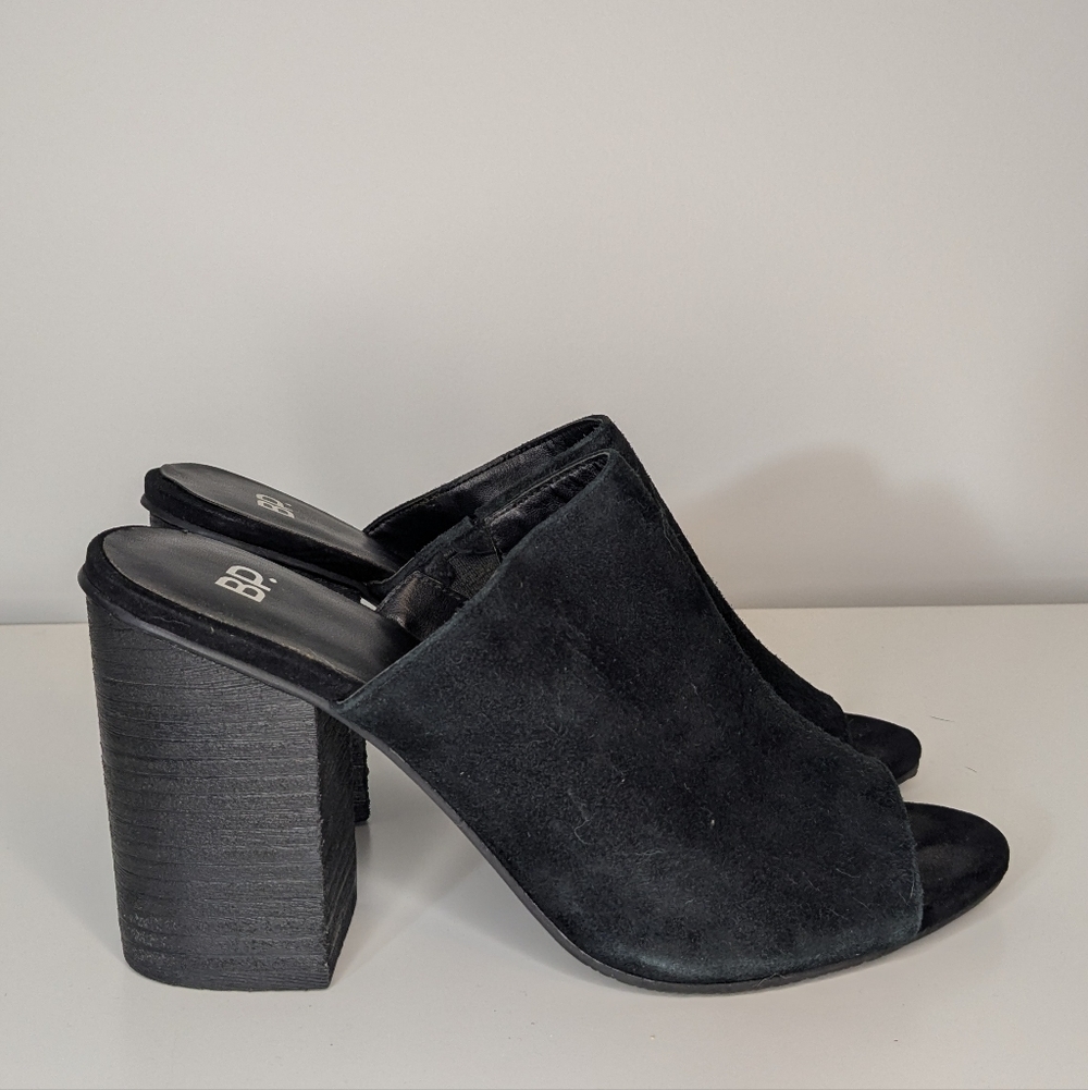 BP sz 10 Stacked Block Heel Peep Toe Mule - black suede high heel